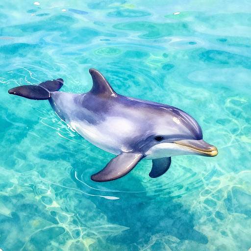 Photograph of a sleek, grey and white dolphin swimming in clear, vibrant blue ocean water, with sunlight creating sparkling reflections.