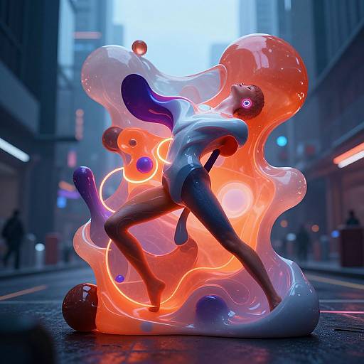 CGI digital art of a neon, abstract humanoid figure with glowing orange and purple fluid-like forms, dancing on a city street at night.