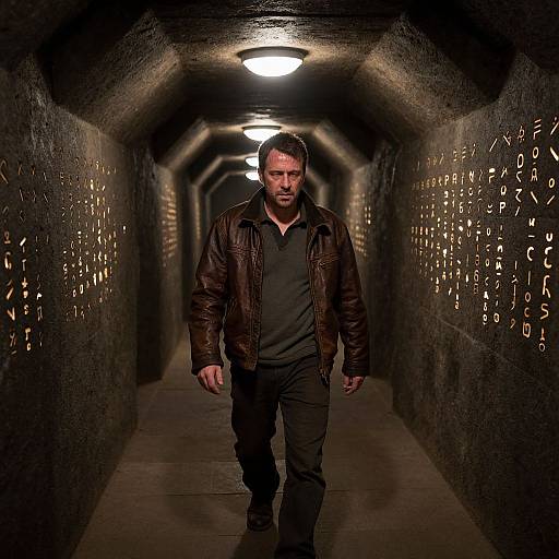 Man Exploring Rune-Lit Underground Bunker