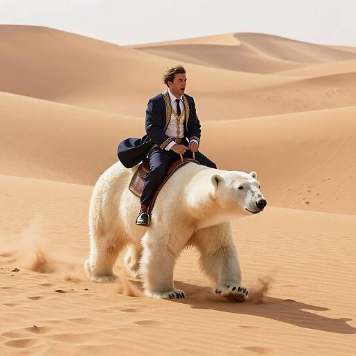 Photograph of a man in a dark suit riding a white polar bear through an orange desert with sand dunes.
