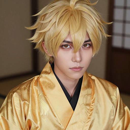Cosplayer in Golden Kimono and Blonde Wig