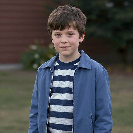 Tween Boy Wearing Blue Jacket and Striped Shirt