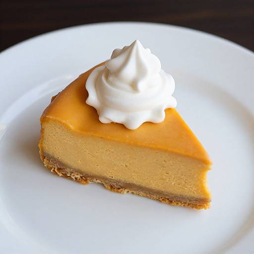 Photograph of a slice of creamy, orange-topped cheesecake with a dollop of white whipped cream on a white plate.