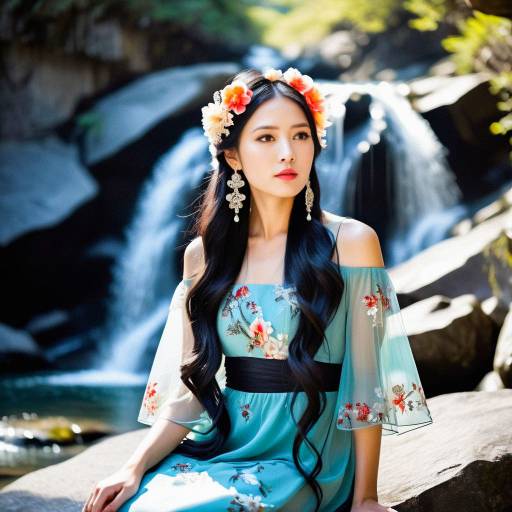 Serene Asian Beauty by Majestic Waterfall Serene Asian Beauty by Majestic Waterfall