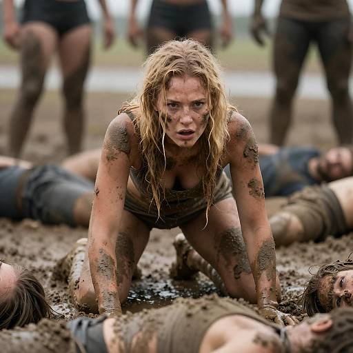 Intense Mud-Covered Woman Amid Bodies