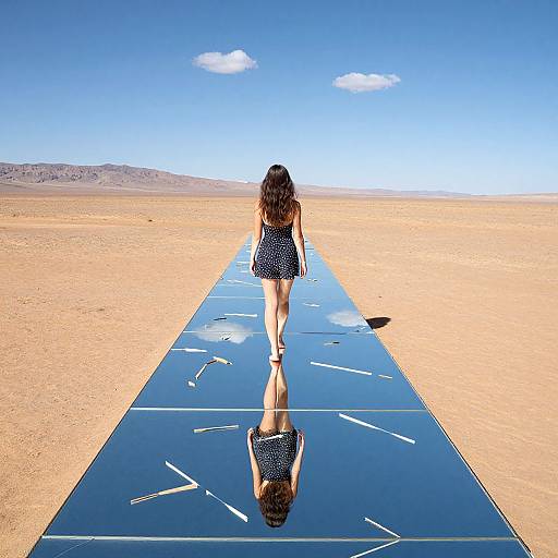 Photograph of a woman with long brown hair, wearing a blue polka dot dress, walking away on a reflective blue path through a vast, sandy
