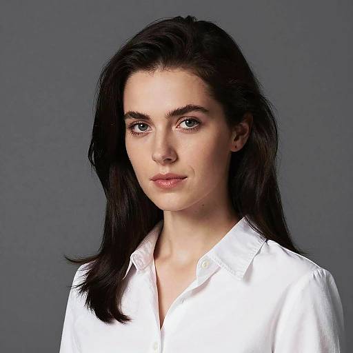 Photorealistic digital portrait of a young woman with fair skin, dark brown hair, blue eyes, wearing a white button-up shirt against a gray background