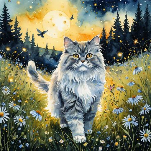 Watercolor Persian Cat in Magical Meadow