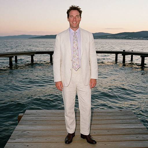 Photograph of a smiling man in a white suit with a floral tie, standing on a wooden dock at sunset, overlooking a calm lake.