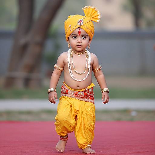 Photograph of a young Indian boy in traditional attire: yellow turban, jewelry, pearl necklace, yellow pants, red sash, walking barefoot