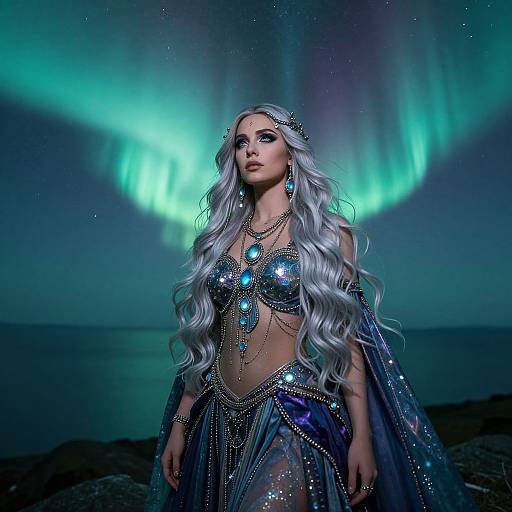 Photograph of a silver-haired woman with glowing teal aurora background, wearing a shimmering, blue-sequined, fantasy-style outfit with jewel accents