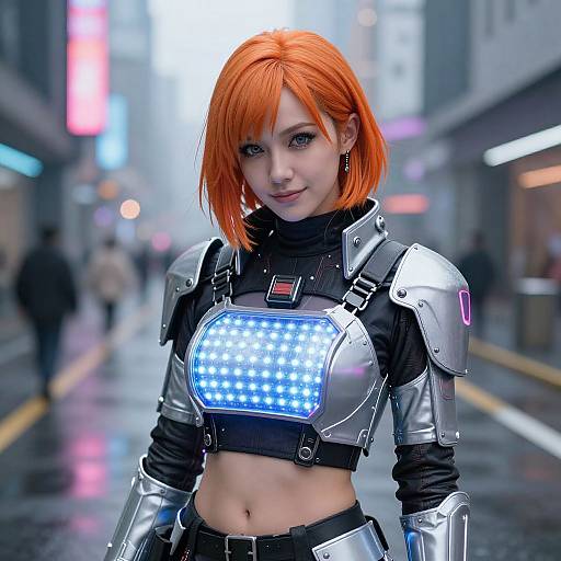 Photograph of a woman with bright orange hair, wearing futuristic silver armor and a glowing blue LED chest plate, standing on a rainy city street at night