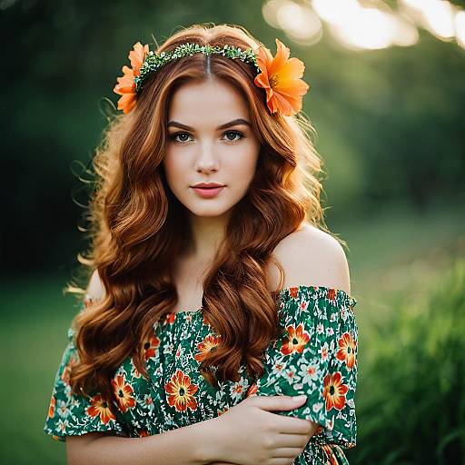 Young Woman with Auburn Hair and Floral Dress