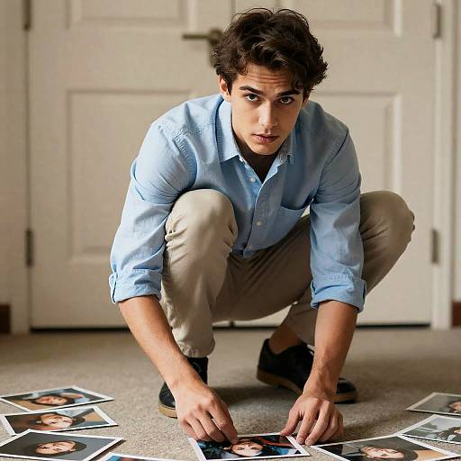 Young Man Crouching with Photographs