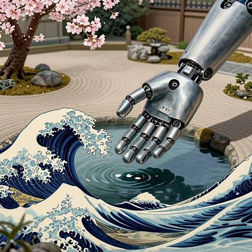 Digital artwork: A metallic robotic hand pours water from a traditional Japanese wave painting into a serene garden pond with cherry blossoms.