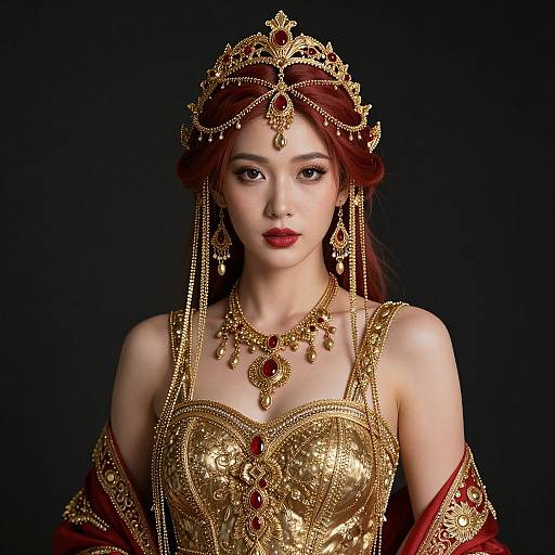 Photograph of an Asian woman with fair skin, red lipstick, and dark hair, wearing elaborate gold and red traditional attire, adorned with intricate jewelry and
