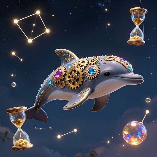 Steampunk Dolphin in Celestial Sky