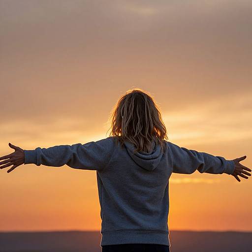 Photograph of a person with shoulder-length blonde hair, wearing a grey hoodie, with arms outstretched, facing a vibrant orange and yellow sunset.