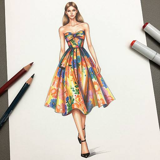 Digital drawing of a brunette woman in a colorful, floral strapless dress, black heels, surrounded by pencils and markers on white paper.