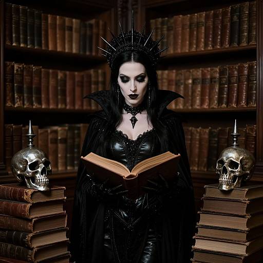 Gothic woman with black leather corset, spiked crown, and dark makeup reads book in library; skulls on stacked books flanking her.