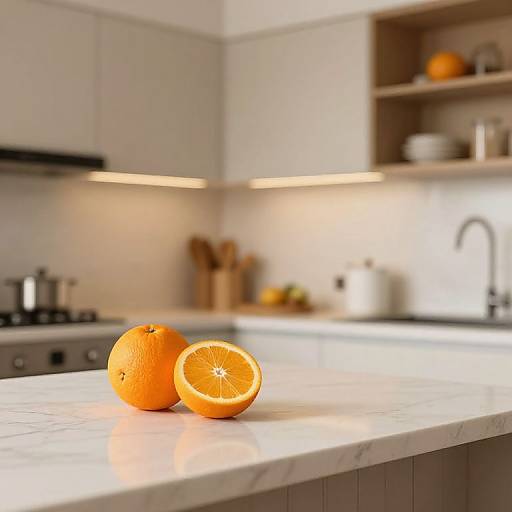 Photograph of a modern kitchen with white cabinets, marble countertop, and two oranges—one whole, one halved—on the counter. Bright overhead