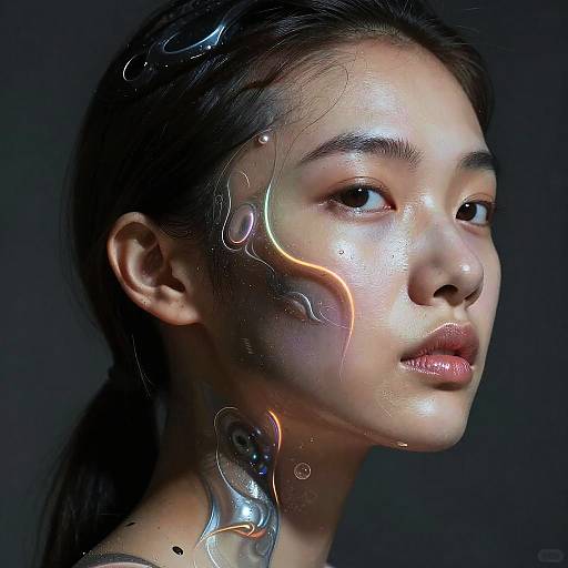 Digital portrait of an Asian woman with glossy skin, dark hair, and glowing, liquid-like light patterns on her face and neck. Dark background.