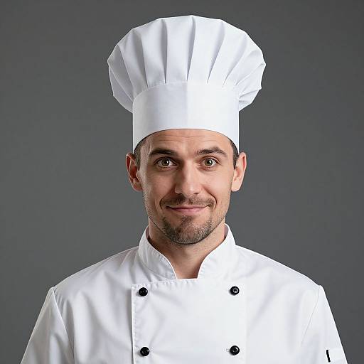 Photograph of a smiling male chef with a light beard, white double-breasted chef coat, and tall white chef hat, against a gray background.