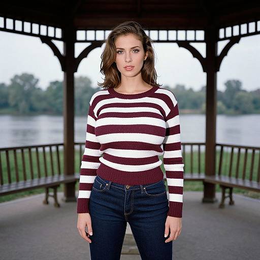 Photograph of a young woman with light skin and brown hair, wearing a maroon and white striped sweater and dark jeans, standing in a park gaze