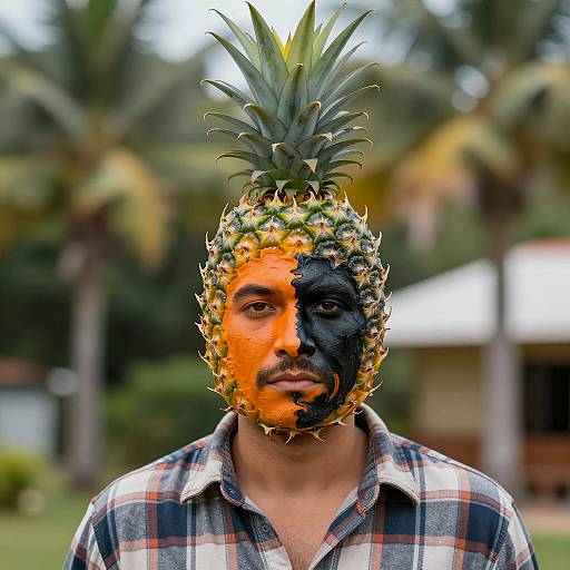 Man Wearing Pineapple Headdress with Face Paint