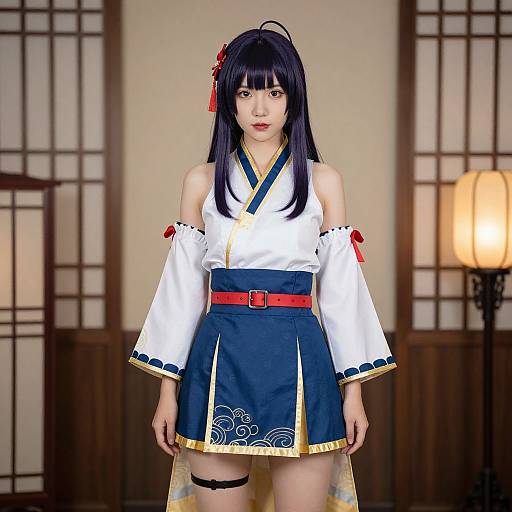 Photograph of an Asian woman in a Japanese-inspired cosplay outfit, white kimono with blue and gold trim, red belt, black skirt, and long