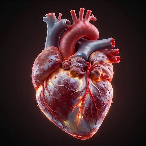 Digital CGI of a glowing, highly detailed, red and blue human heart with visible arteries, veins, and valves against a black background.