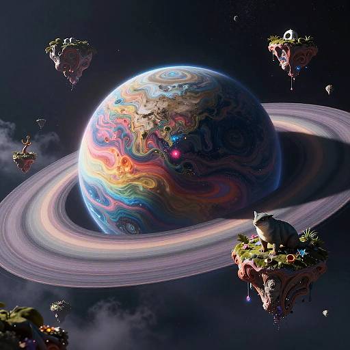 Digital art of a vibrant, swirling planet with rings, surrounded by floating, mystical, colorful spaceships against a dark, starry background.