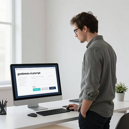 Photograph of a young man with curly brown hair, wearing glasses and a gray shirt, standing at a white desk, typing on an iMac with