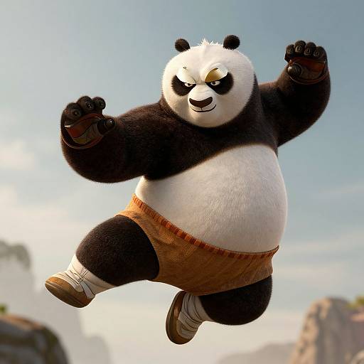 CGI image of a muscular, anthropomorphic panda in brown shorts and white socks, jumping mid-air with arms raised, against a bright, blue sky