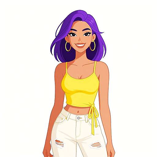 Digital cartoon of a smiling woman with purple hair, wearing a yellow crop top, white ripped jeans, and large hoop earrings.