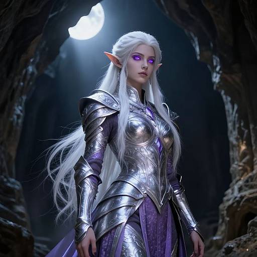 Digital artwork of a white-haired, elf woman with glowing purple eyes, wearing silver armor and a purple dress, standing in a dark cave illuminated by a