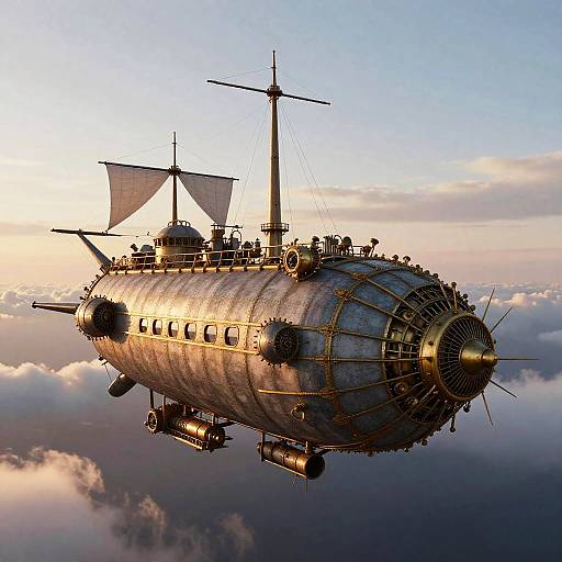 Steampunk Airship Soaring at Sunset