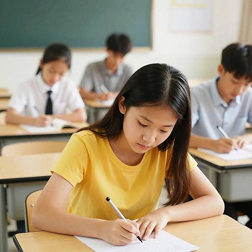 Young Woman Writing at Classroom Desk