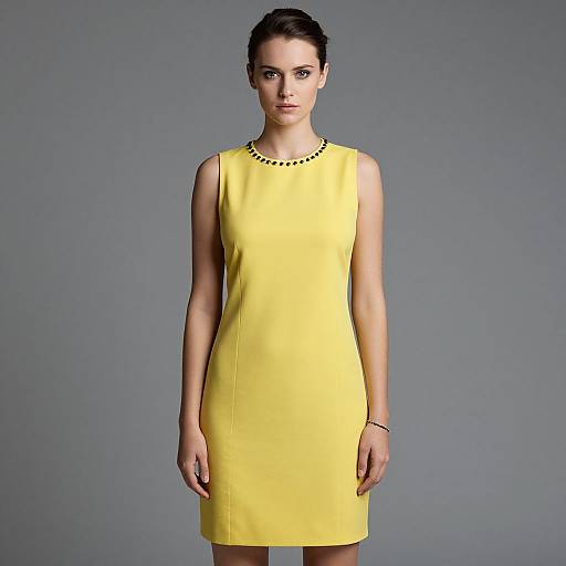 Photograph of a young woman with fair skin and dark hair in a sleek bun, wearing a sleeveless, bright yellow dress and a black bead necklace