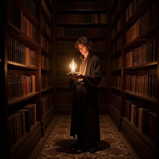 Photograph of a woman with wavy brown hair, wearing a long black robe, holding a glowing candle in a dimly lit, narrow bookshelf