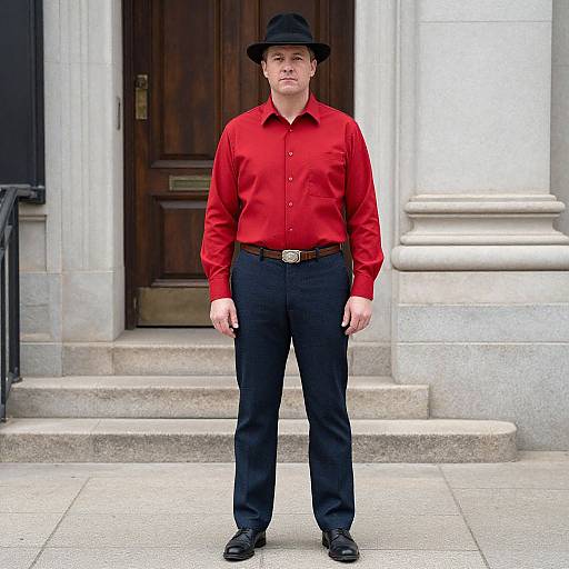 Photograph of a Caucasian man in a black hat, red shirt, black pants, and black belt standing on stone steps in front of a wooden door