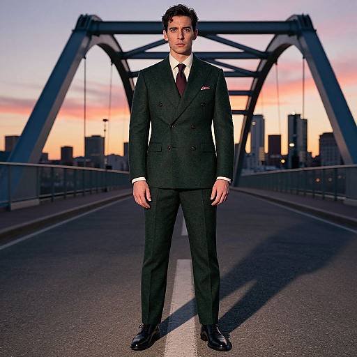 Photograph of a handsome man with short brown hair, wearing a black suit, white shirt, and maroon tie, standing on a bridge at sunset