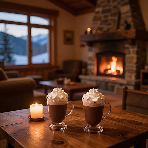 Cozy cabin photograph: two glass mugs with whipped cream hot chocolate on a wooden table, lit candle, and blazing stone fireplace in the background.