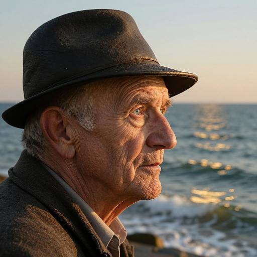 Photograph of an elderly man with weathered skin, wearing a black hat and brown coat, gazing at a sunlit ocean.