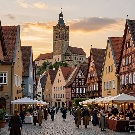 Photograph of a picturesque European town square at sunset, featuring medieval buildings, a tall stone tower, outdoor cafes, and people strolling.