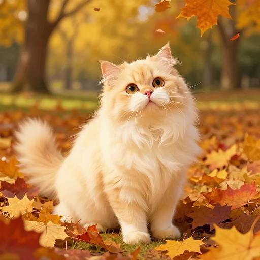 Photograph of a fluffy white Persian kitten with golden eyes sitting on a colorful autumn leaf carpet in a sunlit park.