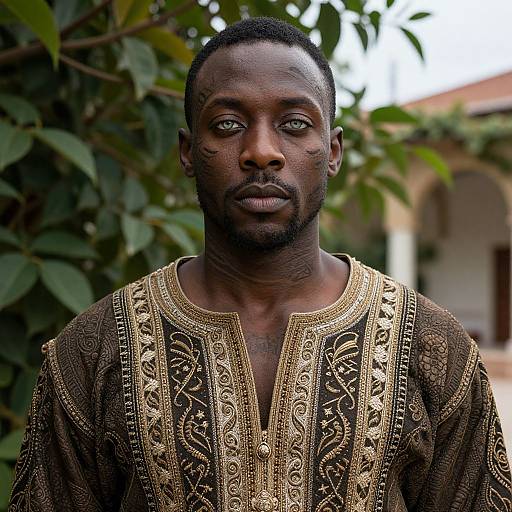 Photograph of a serious, dark-skinned African man with short hair, wearing an intricately embroidered, gold-trimmed brown traditional shirt, standing