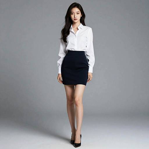 Photograph of an Asian woman with long black hair, wearing a white button-up shirt, black high-waisted skirt, and black heels, standing