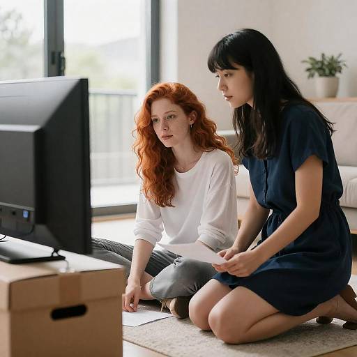Women Reviewing Paper in Sunlit Living Room