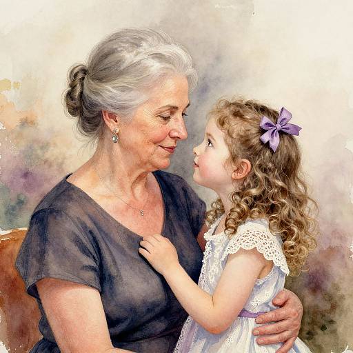 Digital painting of an elderly woman with white hair and gray dress, smiling at a curly-haired, purple-ribboned toddler in a white dress. Background